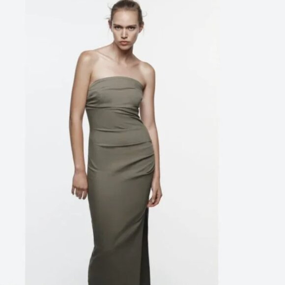 ZARA DRAPED MIDI DRESS KHAKI - Picture 3 of 6
